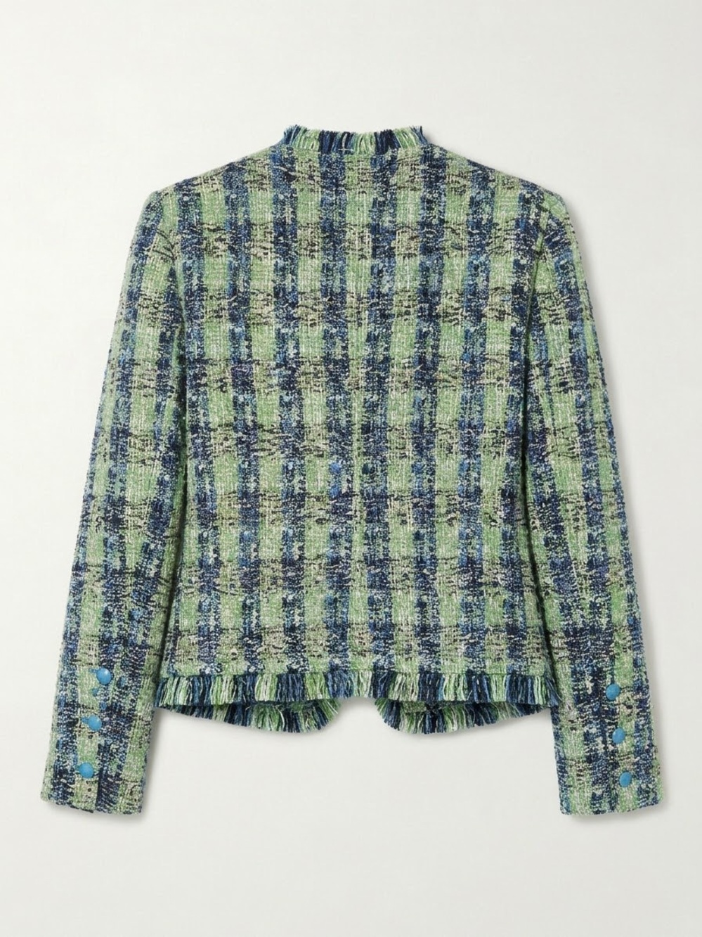 L'Agence Angelina Tweed Jacket Womens 8 Green Blue Plaid Excellent Fringe Trim - Picture 5 of 11